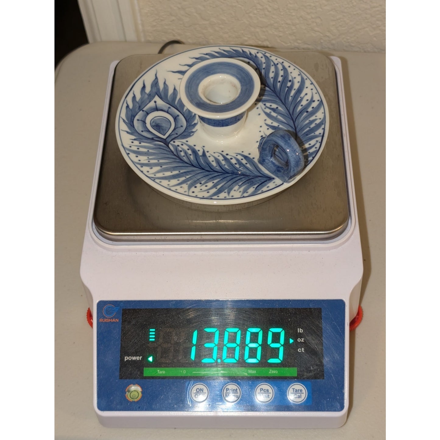 Vintage Blue White Peacock Feather Design Ceramic Chamber Candlestick
