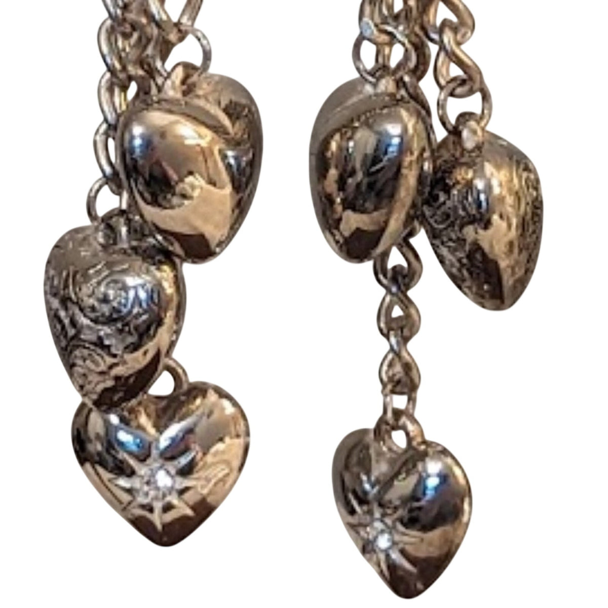 Vintage Filigree Button Dangling Hearts Post Earrings in Silver Tone Metal