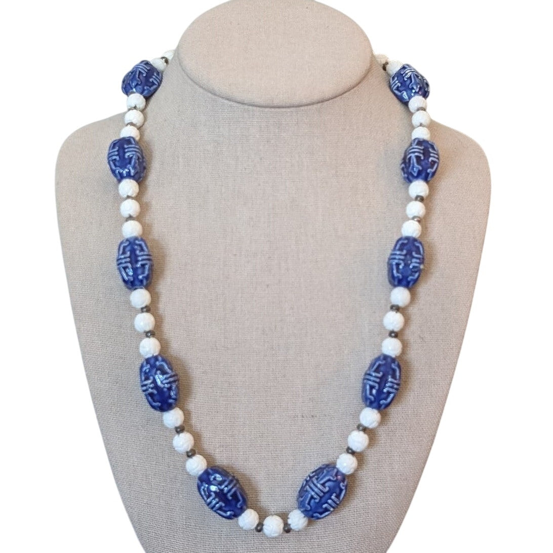 Asian Inspired Blue Ceramic Carved White Bead Necklace W/ Toggle Clasp