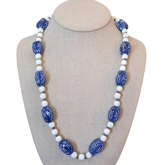 Asian Inspired Blue Ceramic Carved White Bead Necklace W/ Toggle Clasp