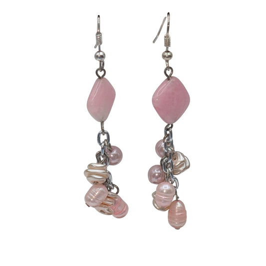 Silver Tone Pink Stone Pink Pearl Cluster Dangle Earrings