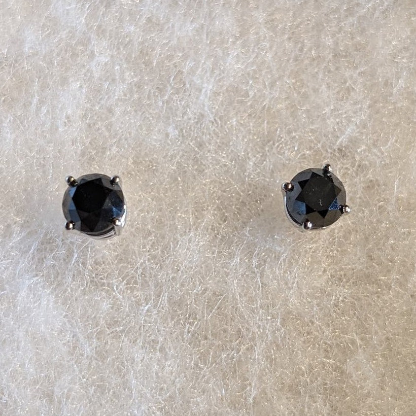 14k White Gold 4-Prong Basket Round Black Diamond Stud Earrings