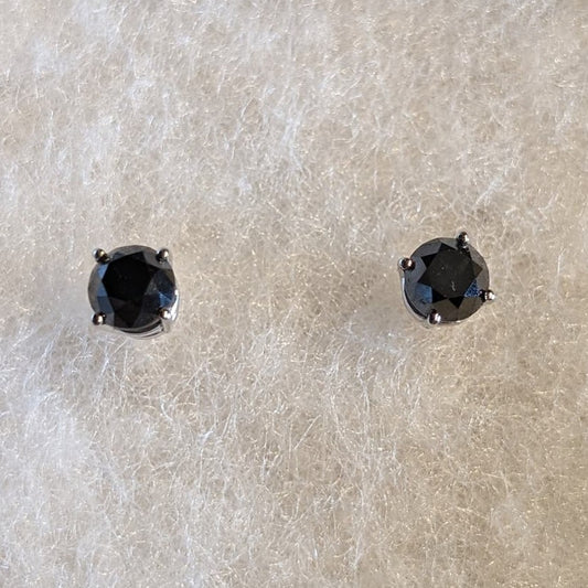 14k White Gold 4-Prong Basket Round Black Diamond Stud Earrings