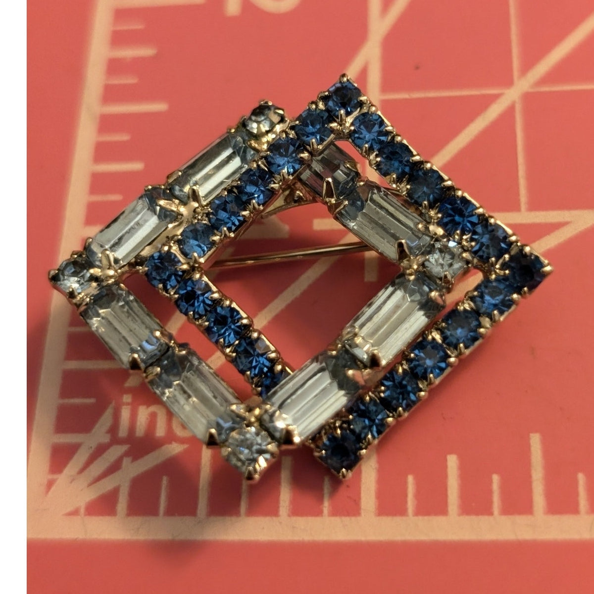 Vintage Double Diamond Ombre Baguette & Round Blue Rhinestone Brooch