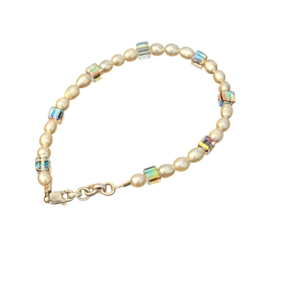 Freshwater Pearl Square Crystal 925 Sterling Silver Bracelet