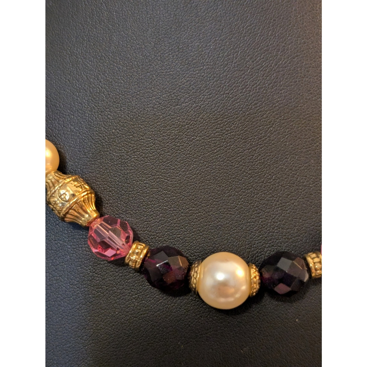 1928 Faux Pearl Purple Pink Gold Bead 17"-19.5" Necklace