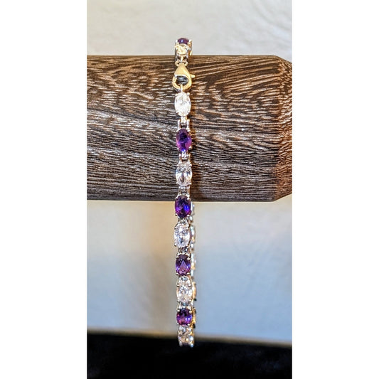 Signed VJ 925 Sterling Amethyst & CZ Tennis Bracelet W/ Lobster Claw Clasp