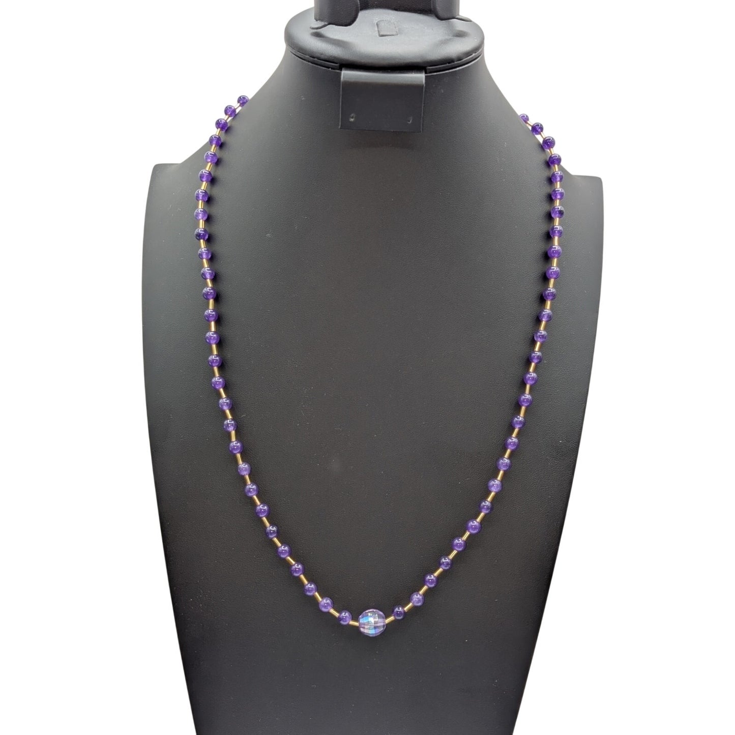 Amethyst Stone & Faceted Crystal Center Bead Gold Tone Toggle Clasp 28" Necklace