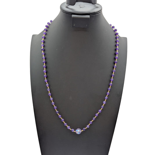 Amethyst Stone & Faceted Crystal Center Bead Gold Tone Toggle Clasp 28" Necklace