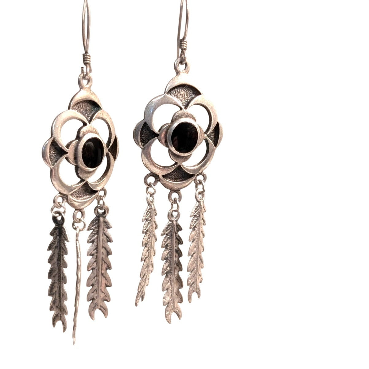 Vintage Sterling Silver Black Onyx Inlay Floral Three Feather Dangle Earrings