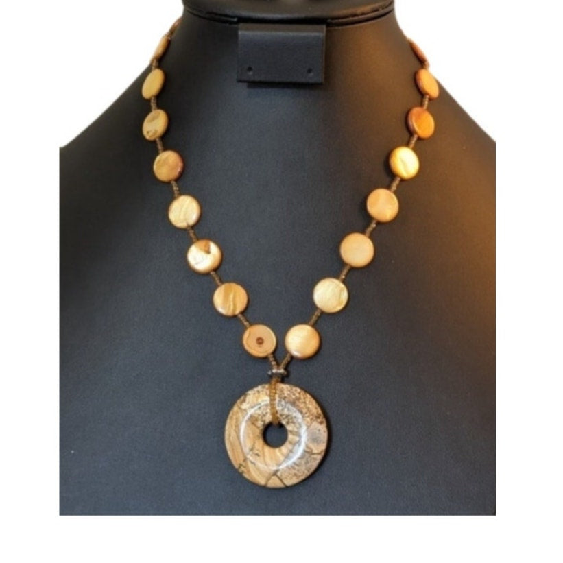 Round Gold Shell Bead Donut Jasper Pendant Barrel Clasp 18" Necklace