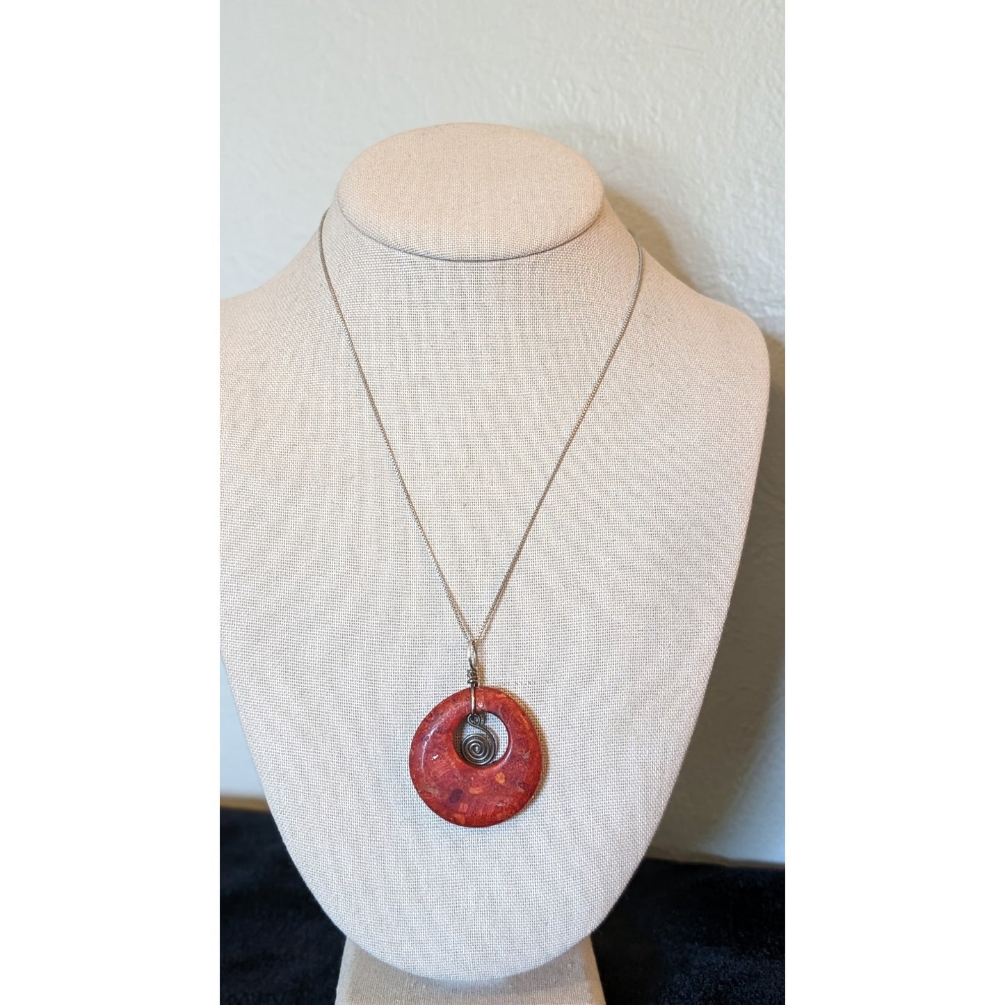 Vtg Large Red Coral Donut Boho Pendant on 925 Italy Sterling 18" Necklace