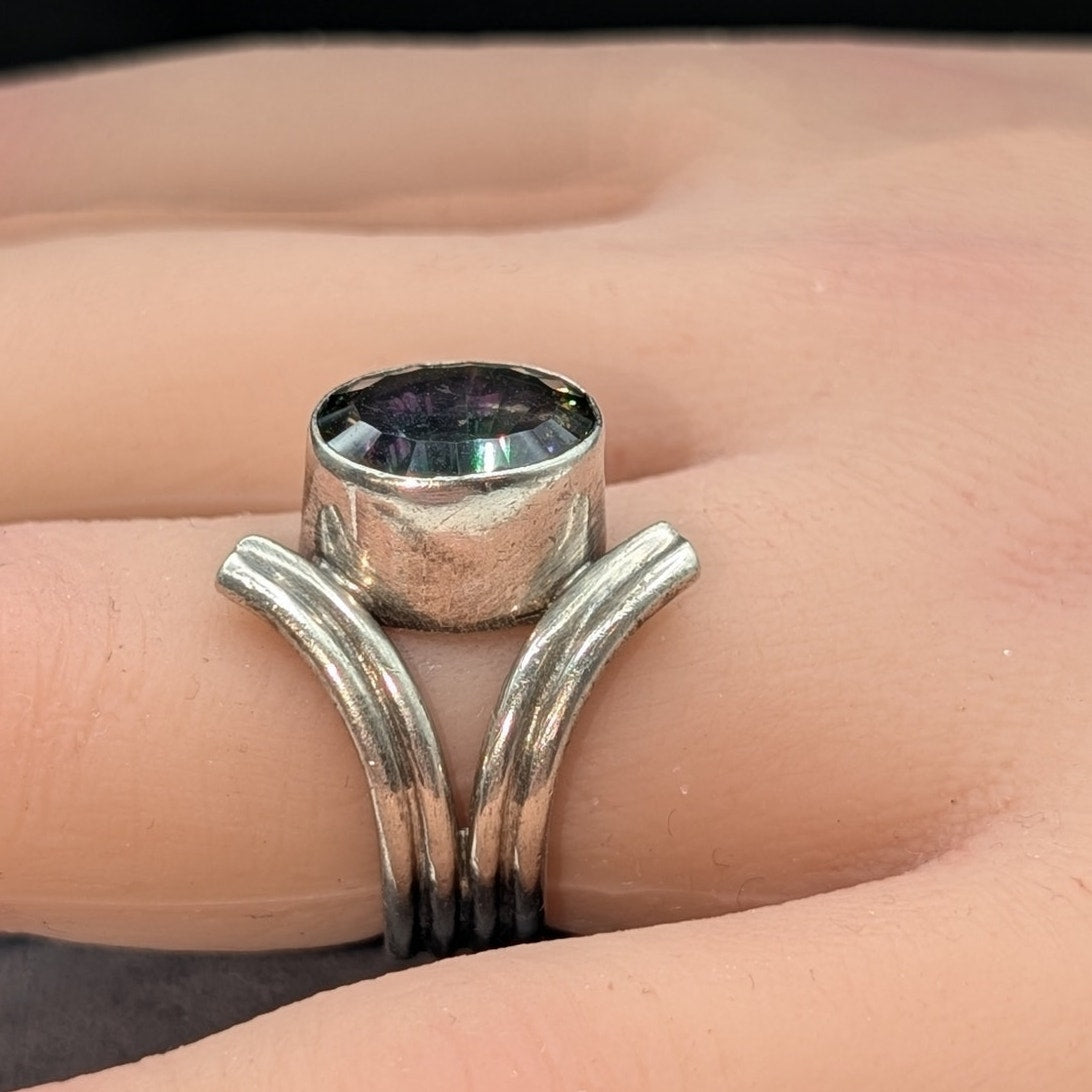 925 Sterling Silver Sunburst Cut Mystic Topaz Chunky Modern Design Ring Sz 5.25