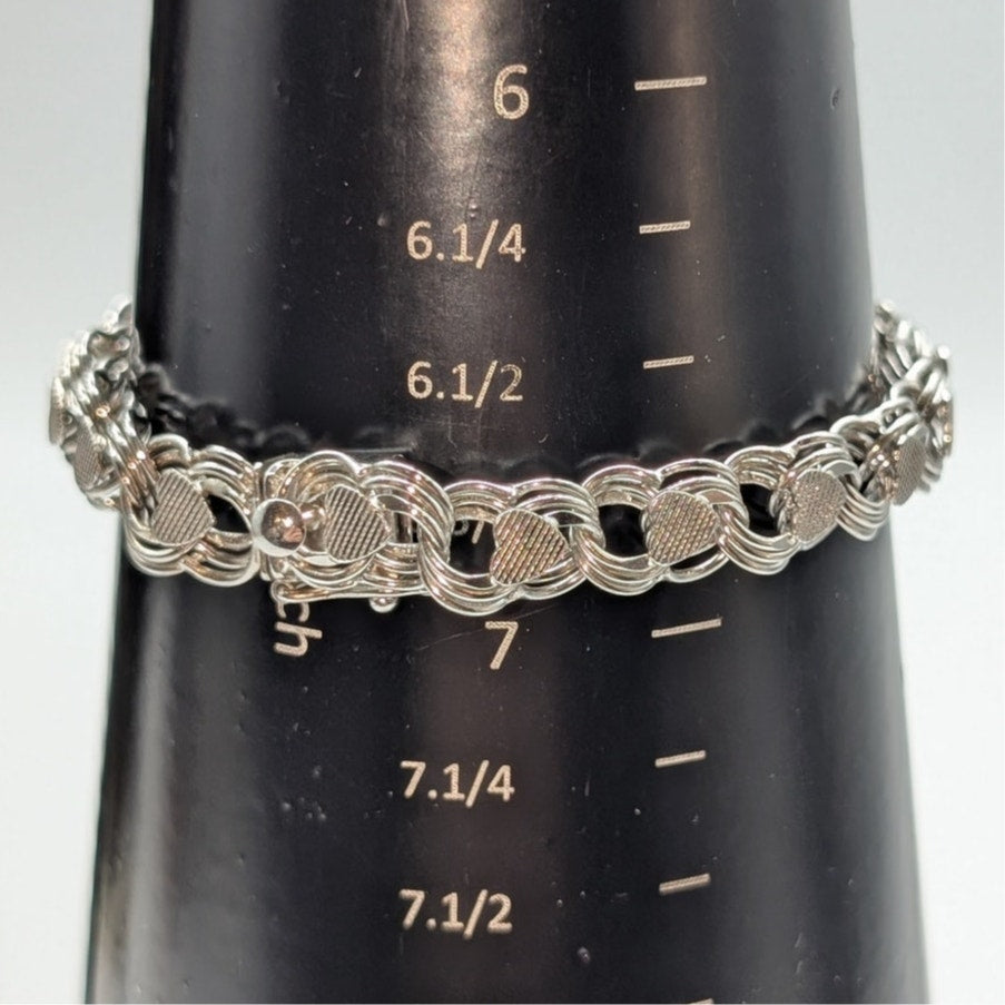 Vintage Mid Century Sterling Silver Double Link Textured Heart Charm Bracelet