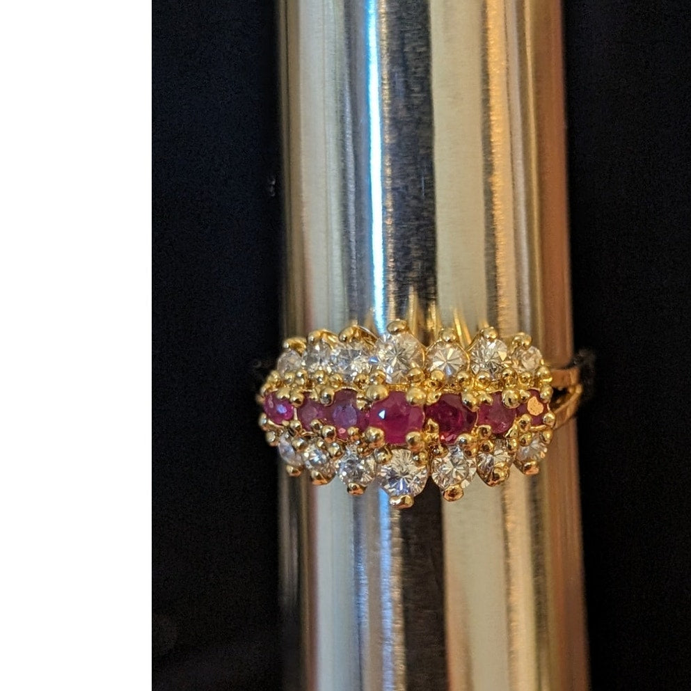 925 Sterling Vermeil Three Row Lab Created Ruby & CZ Ring Size 9.75