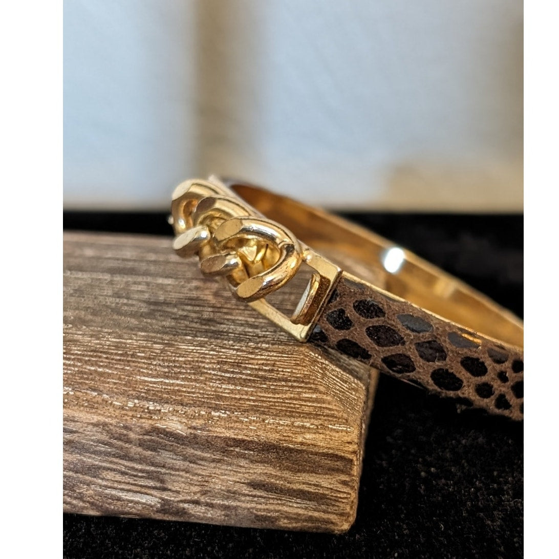 Brown Leather Gold Tone Chain Bangle Bracelet