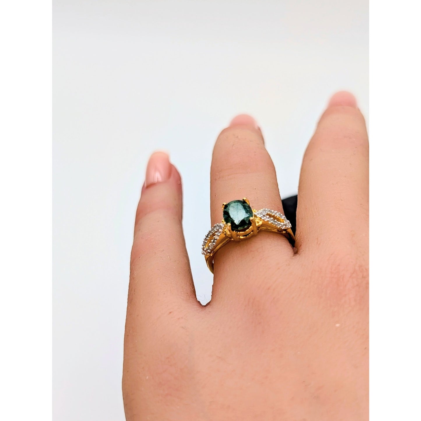 925 Vermeil (Yellow Tone) RT Green Sapphire & Diamond Ring Size 7
