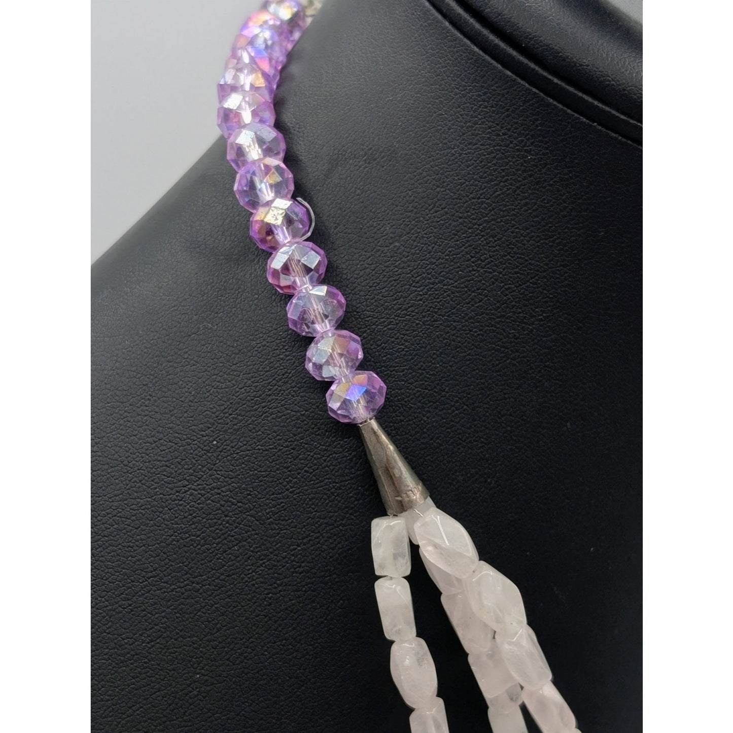 AB Lavender Crystal Pink Rose Quartz Stone 1 Strand to 3 Silver Tone Necklace