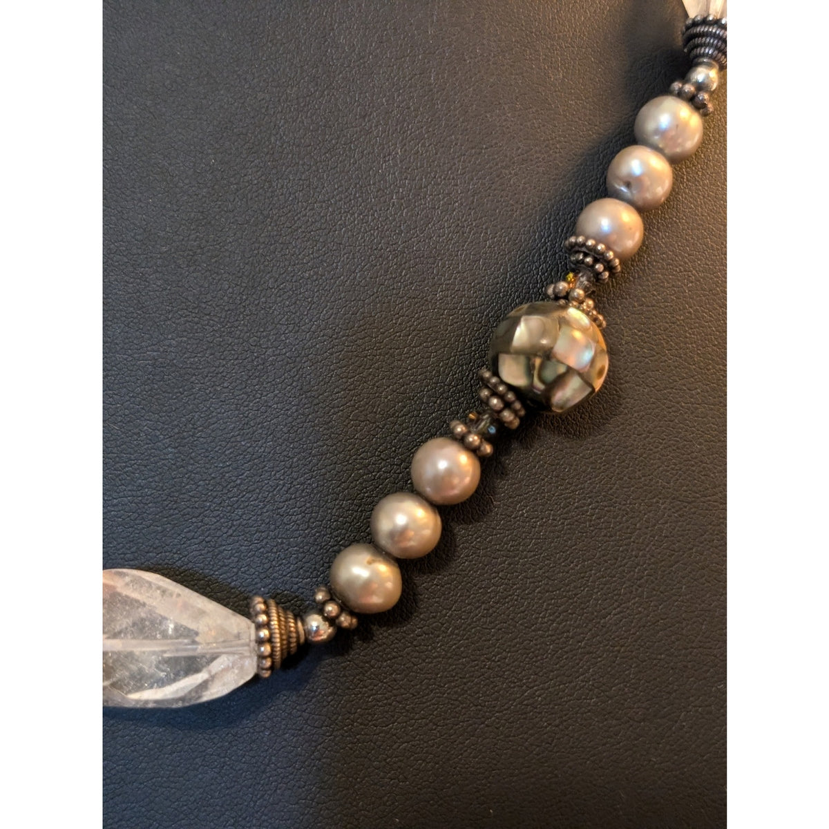 Vintage to Antique Sterling Silver Pearl Rock Quartz Abalone Shell Bead Necklace