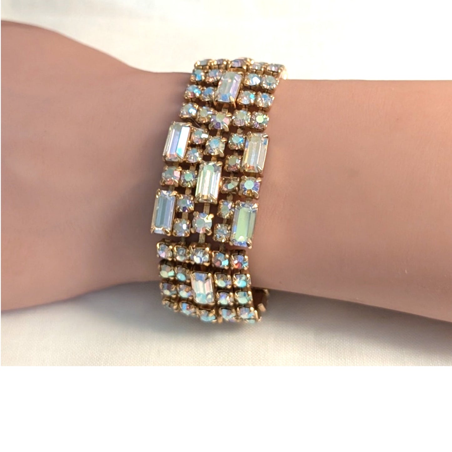 Vintage 1960s Unsigned Aurora Borealis Crystal Gold Tone Wide Bracelet W/ Safety