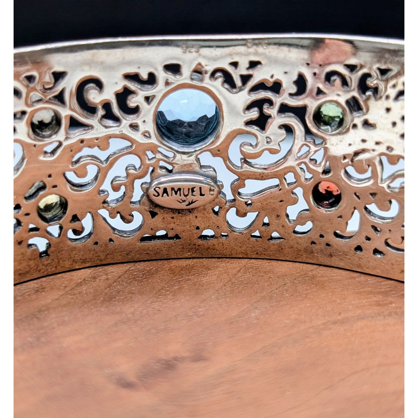 Samuel Benham 925 Sterling Bezel Set Multi-Gemstone Scroll Cuff Bracelet 40.69g