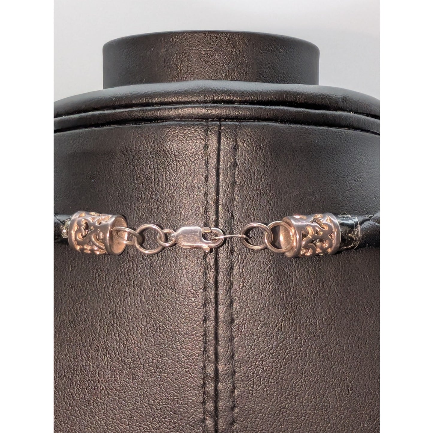 Braided Black Leather Faux Pearl & Sterling Silver Choker 17.25" Necklace