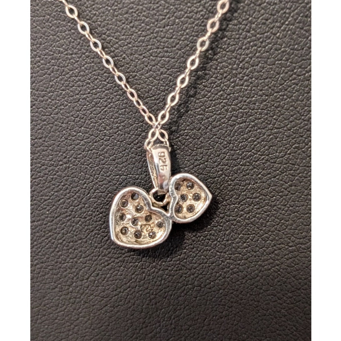 Two Pave CZ Heart 925 Sterling Silver Pendant 18" Necklace
