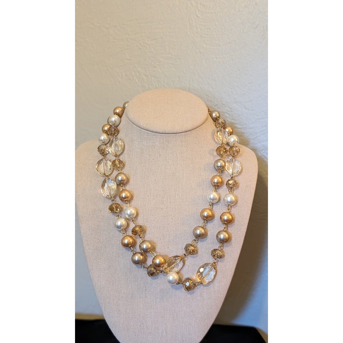 Gold Champagne Cream Pearl Crystal Bead Long 43" Necklace