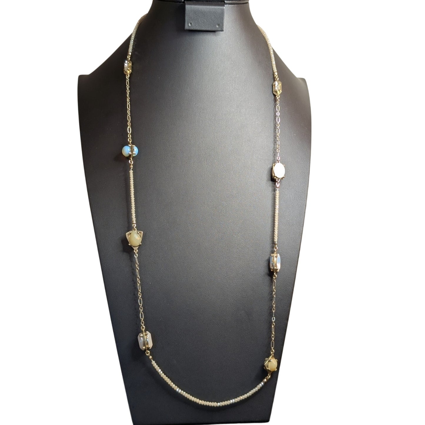 Vintage Ann Taylor Loft Crystal Beaded Glass Cabochon Statement Long Necklace