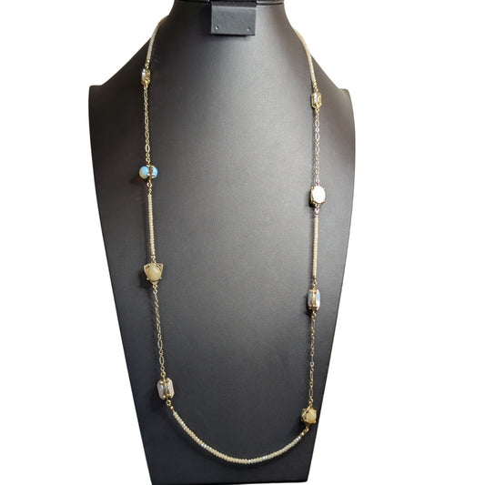 Vintage Ann Taylor Loft Crystal Beaded Glass Cabochon Statement Long Necklace