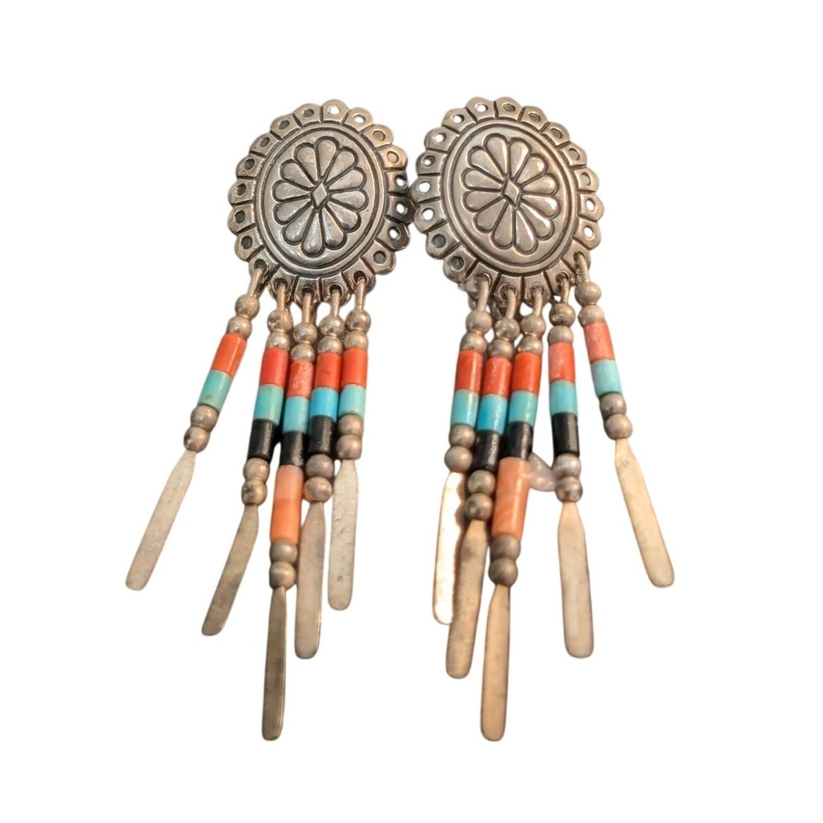 Vintage QT Sterling Silver Concho Medallion Beaded Dangles Post Earrings