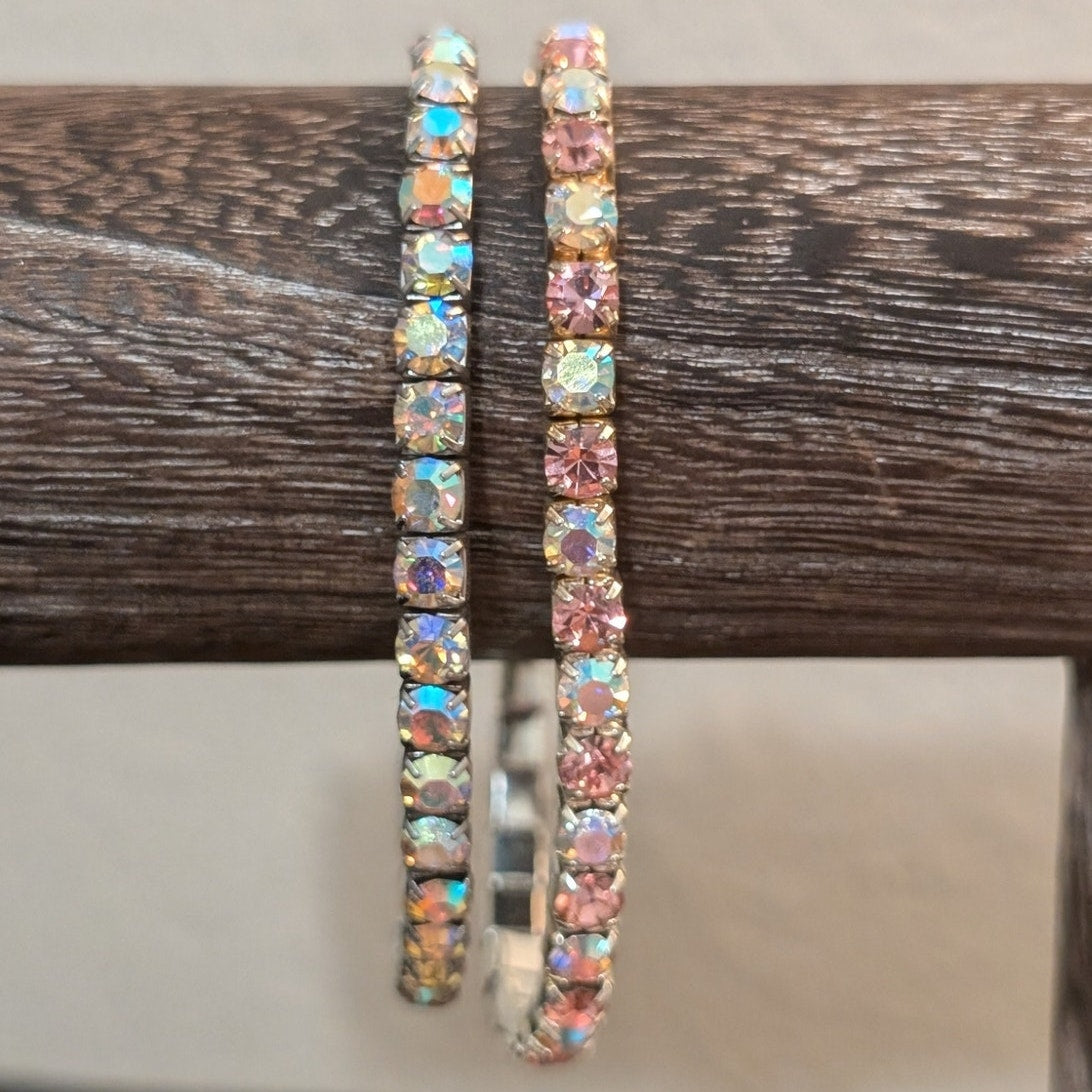 Lot of Two Vintage AB Crystal Stretch Silver Tone Bracelets