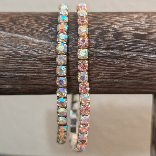 Lot of Two Vintage AB Crystal Stretch Silver Tone Bracelets