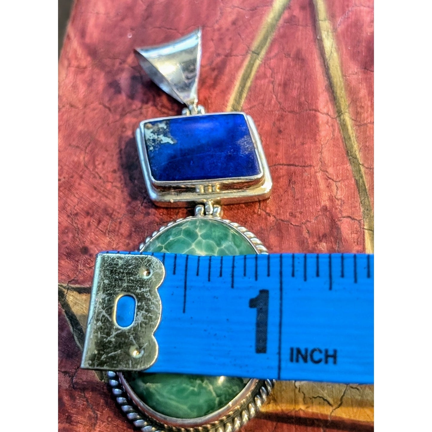 Vintage Native American Green Marbled Stone & Blue Lapiz Hinged 925 Pendant