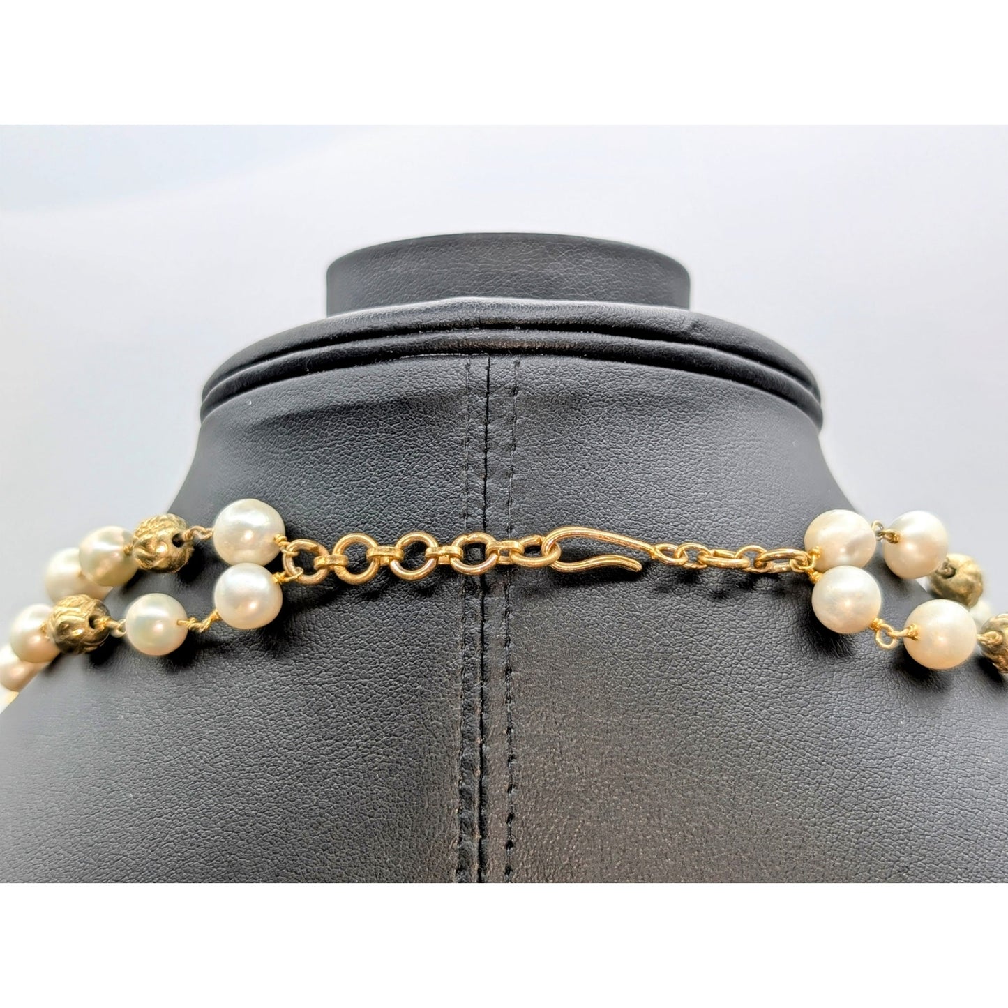 Vintage Gold Tone Rose Embossed Bead Genuine Pearl Double Strand Necklace