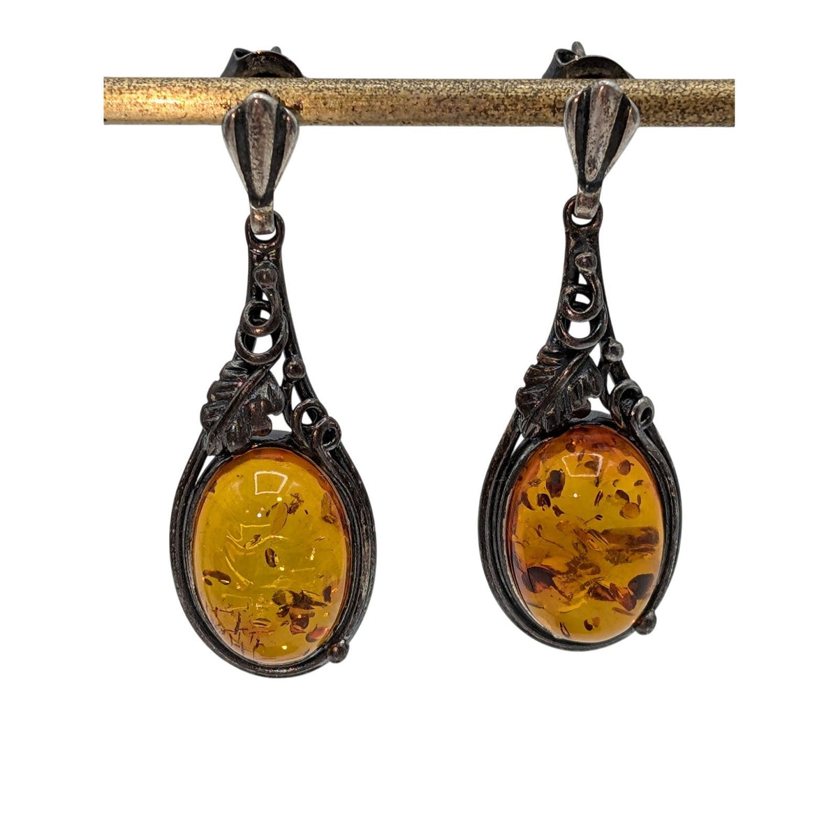 Vintage 925 Sterling Silver Leafy Vine Design Baltic Amber Dangle Drop Earrings