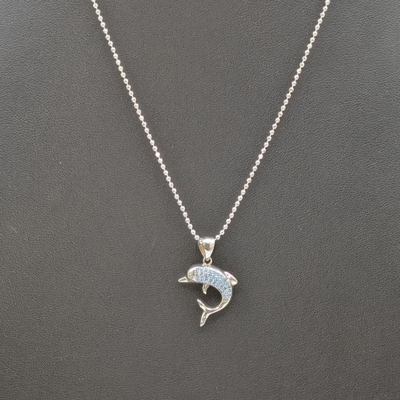925 Sterling Silver Blue Spinel Pave Dolphin Pendant Bead Ball 22"Chain Necklace