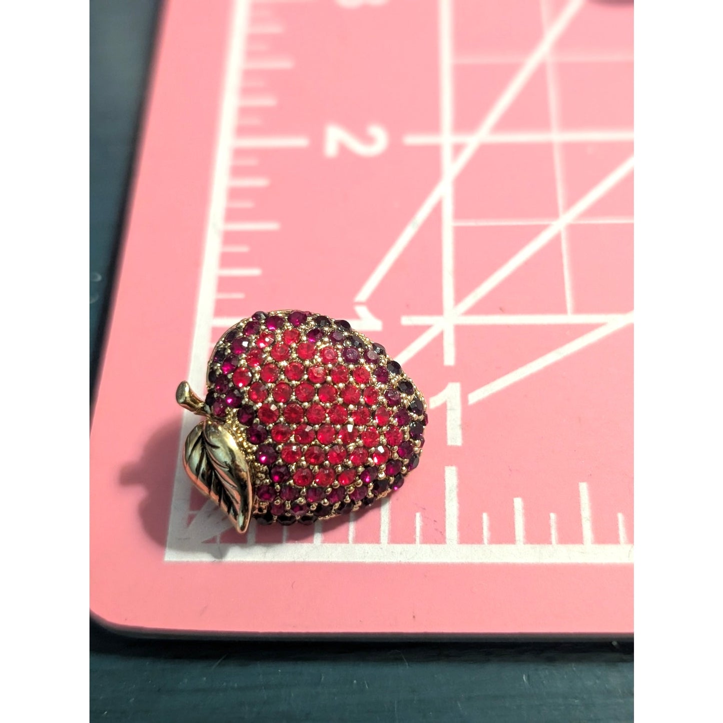 Signed MONET Vintage Pave Crystal Rhinestone Red Apple Gold Tone Leaf Brooch