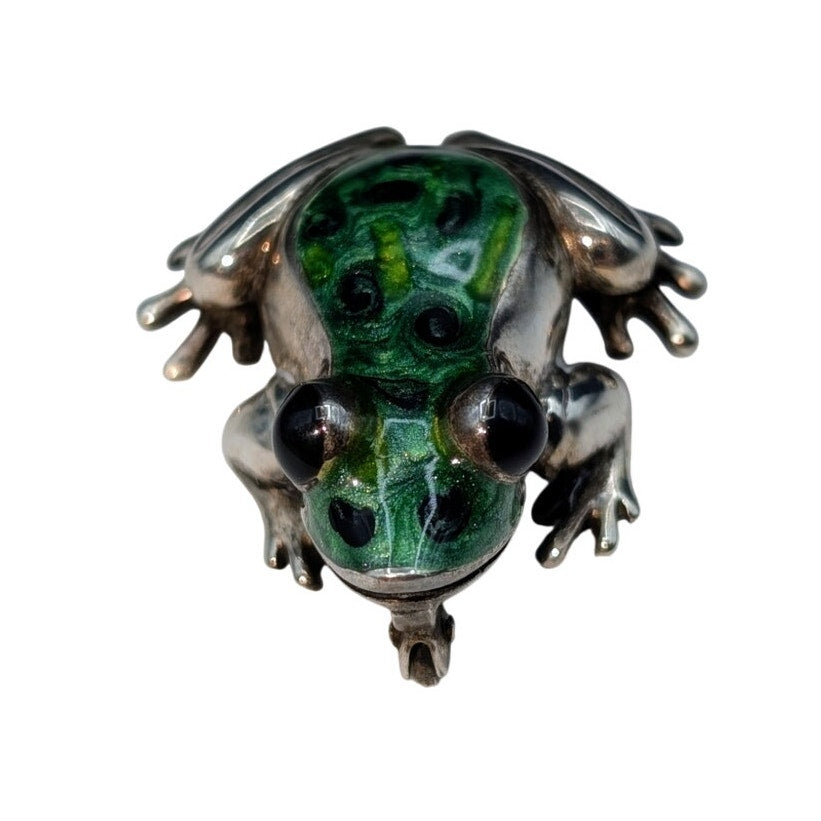 Vtg 925 Italy Sterling Hand-Painted Green Spotted Enamel Frog Brooch 11.14g