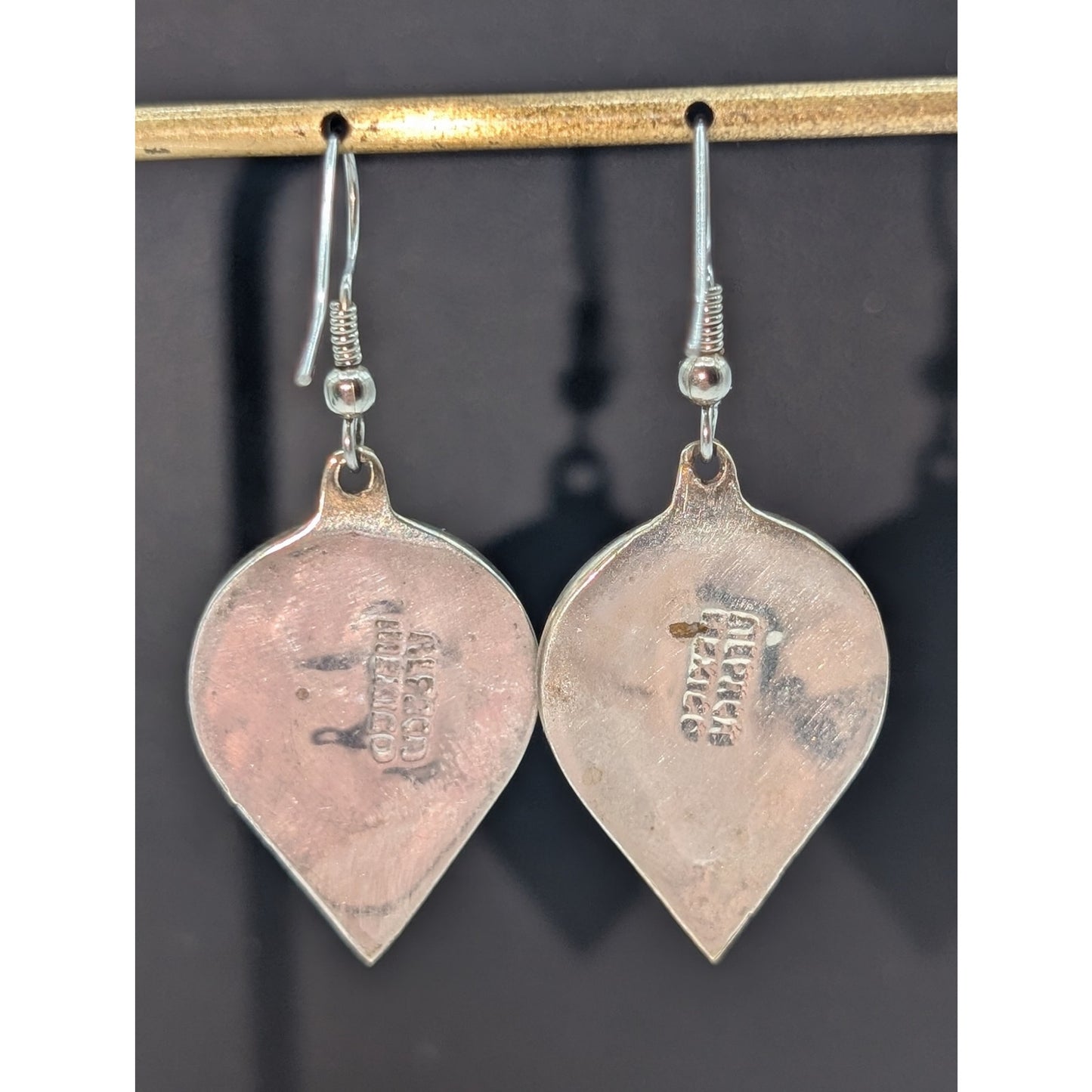 Vintage Alpaca Mexico Teardrop Abalone Onyx Inlay Dangle Earrings