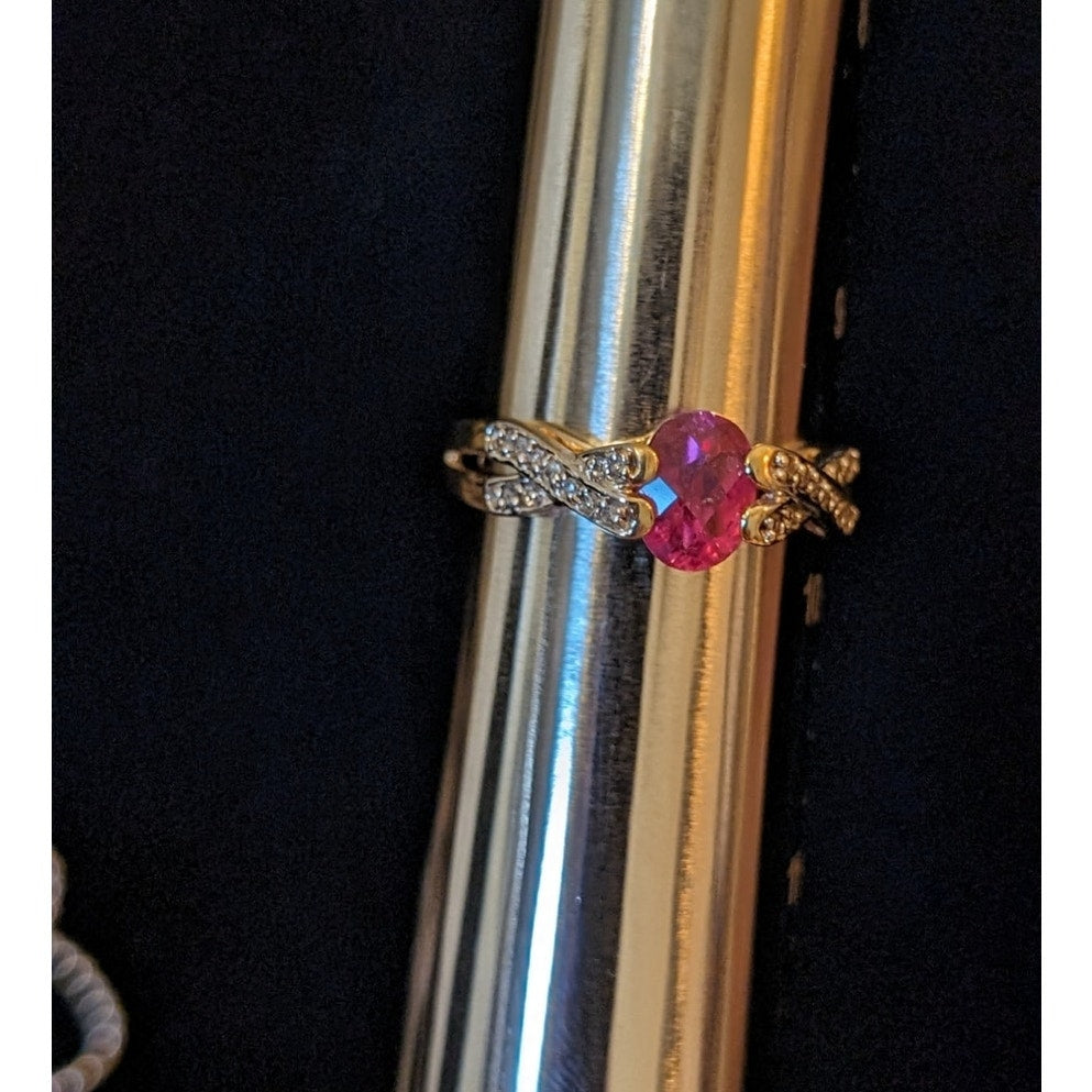 14K Gold Natural Pink Tourmaline & Diamond Criss Cross Band Ring Size 9.5