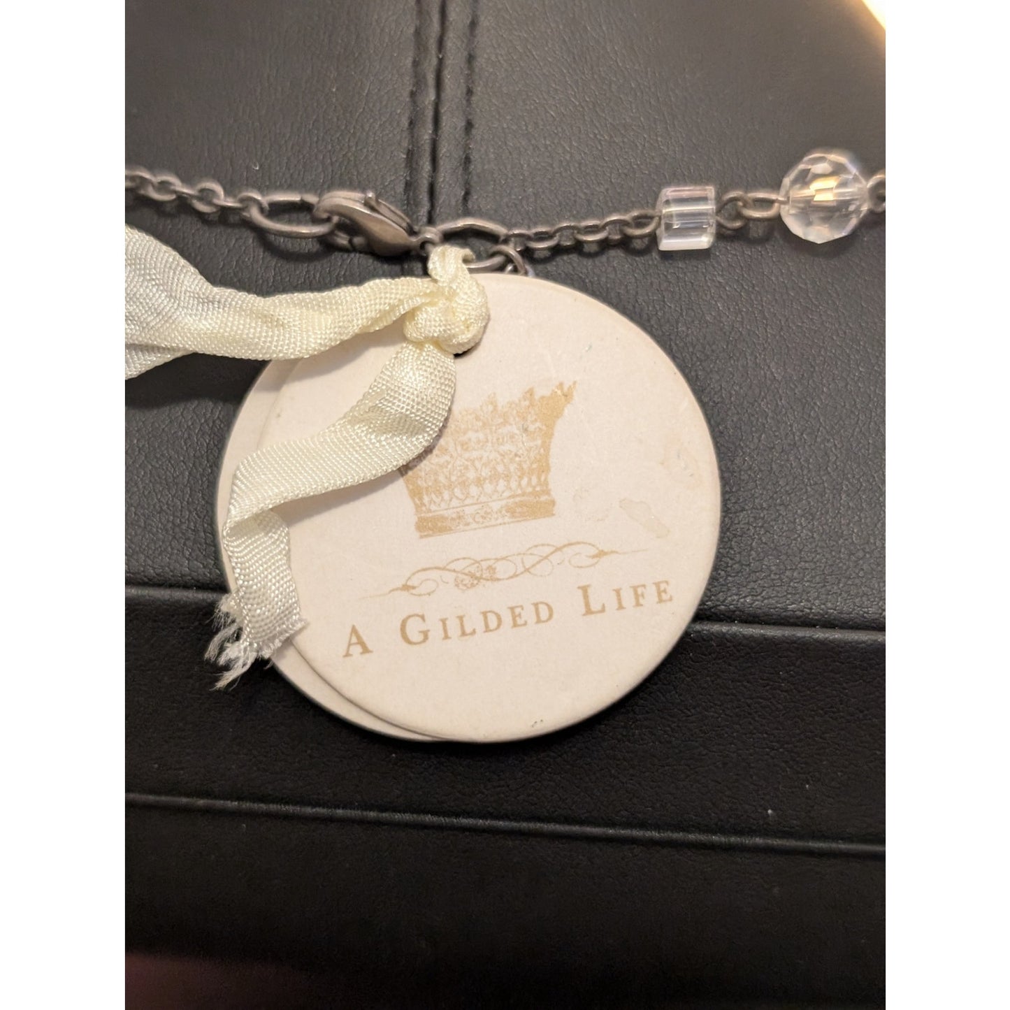 NWT The Gilded Life Shadow Box Cross Crown Crystal Faux Pearl Chain Necklace