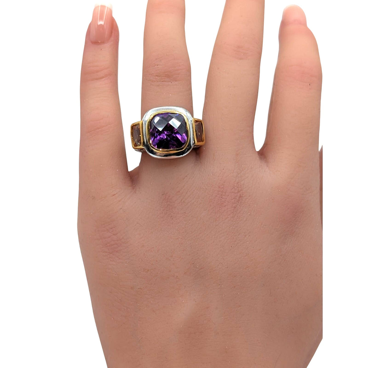 18K Gold Electroplate Mixed Metal Purple & Gold Glass Stone Ring Size 5.25