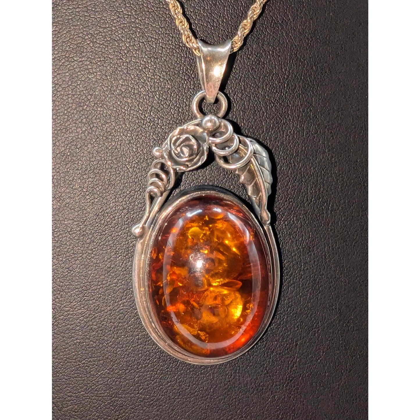 Vintage Large Baltic Amber Sterling Silver Rose Leaf Design Pendant Necklace