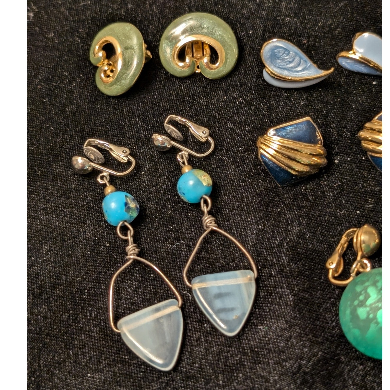 Vintage Ten Pair Blue/Green Theme Clip On Earring Lot