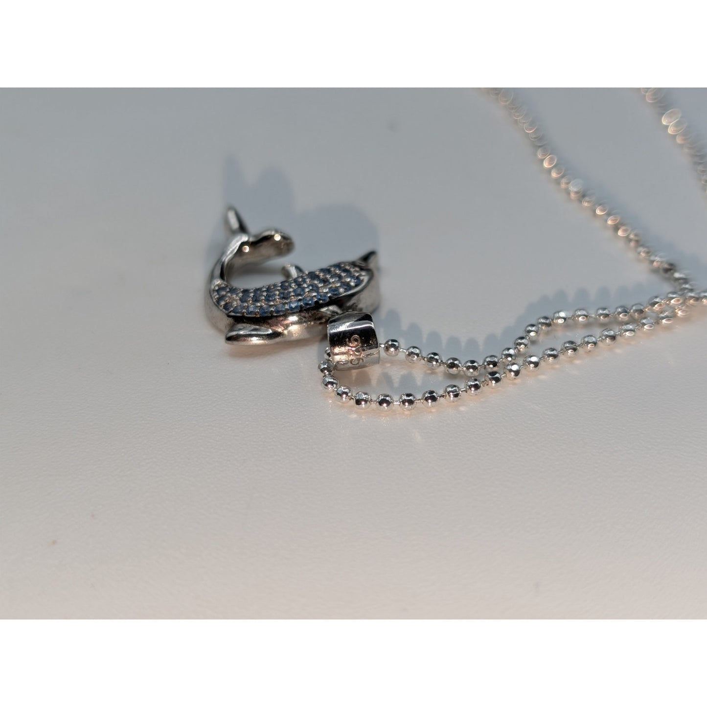 925 Sterling Silver Blue Spinel Pave Dolphin Pendant Bead Ball 22"Chain Necklace