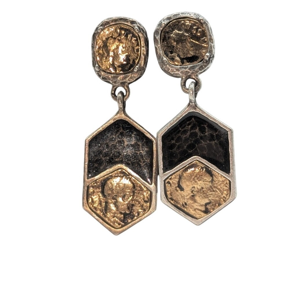 TAT 2 Two Toned 925 Posts & Sterling & 14K Plated Hammered Metal Drop Earrings