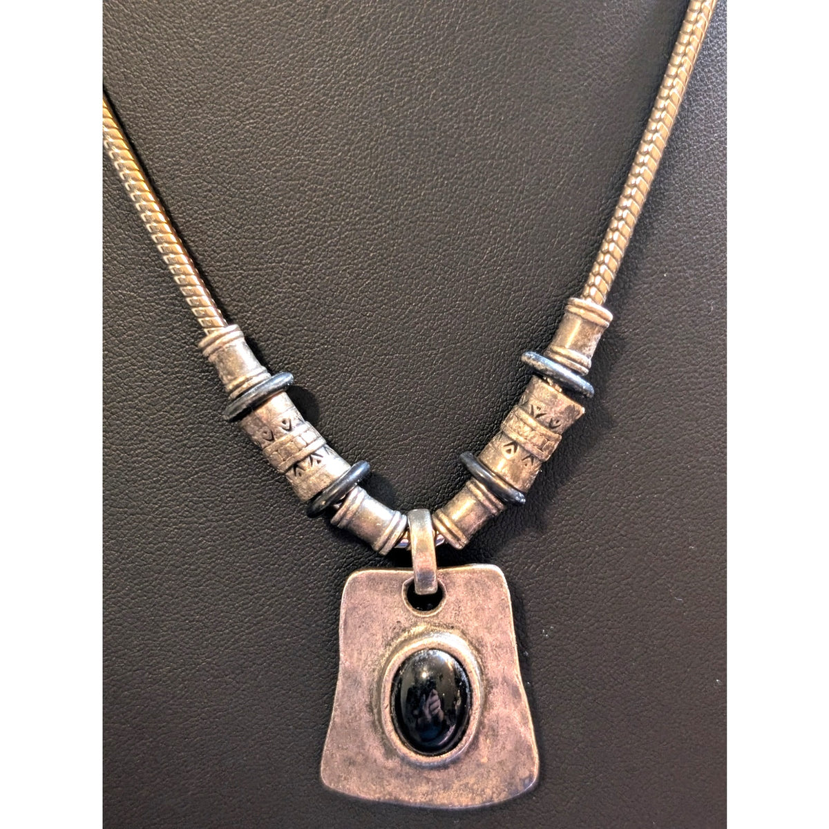 Chico's Black Cabochon Pendant Silver Tone Pendant Snake Chain Necklace