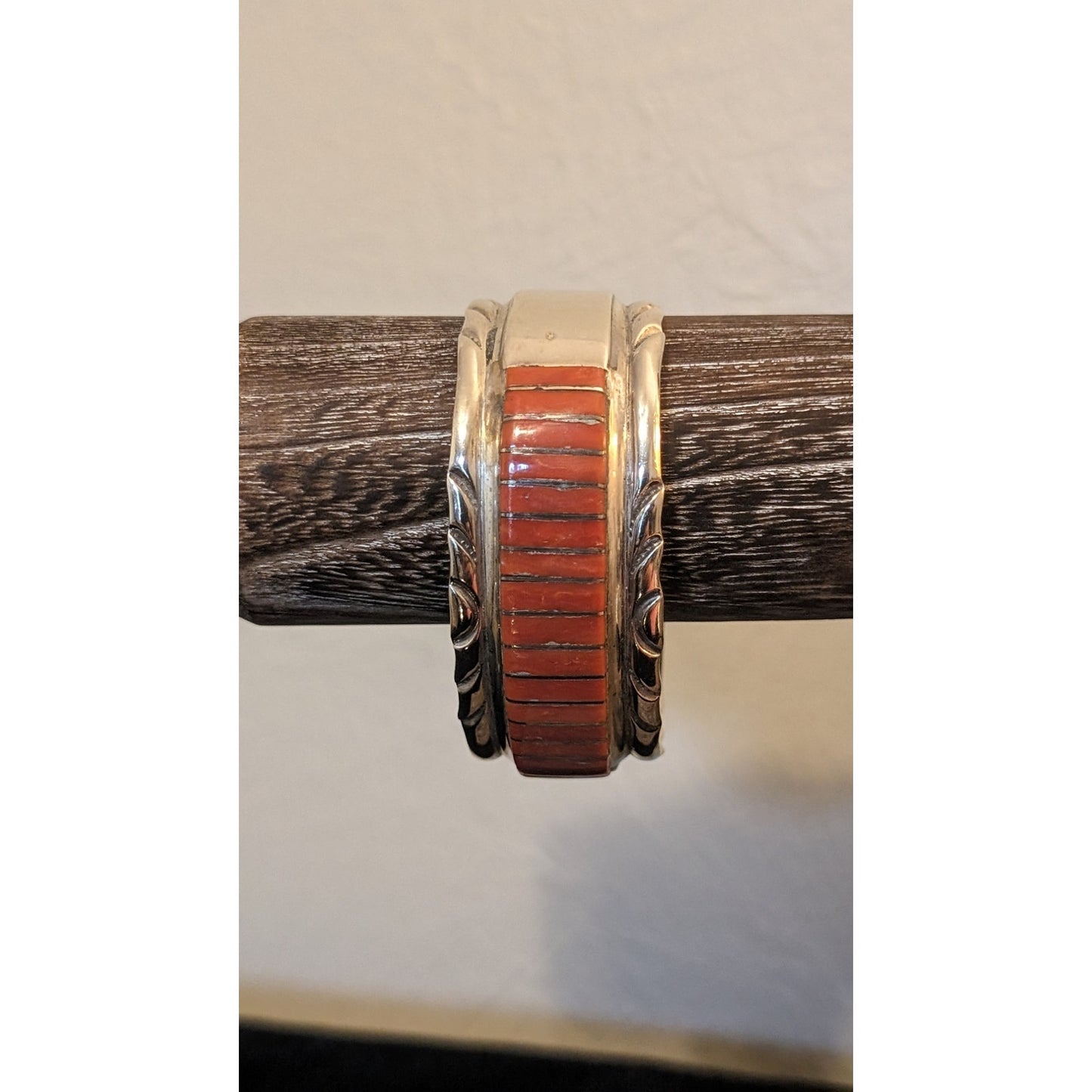 VTG Signed Zuni El Gasper Red Coral Inlay Sterling Silver Cuff Bracelet 44g