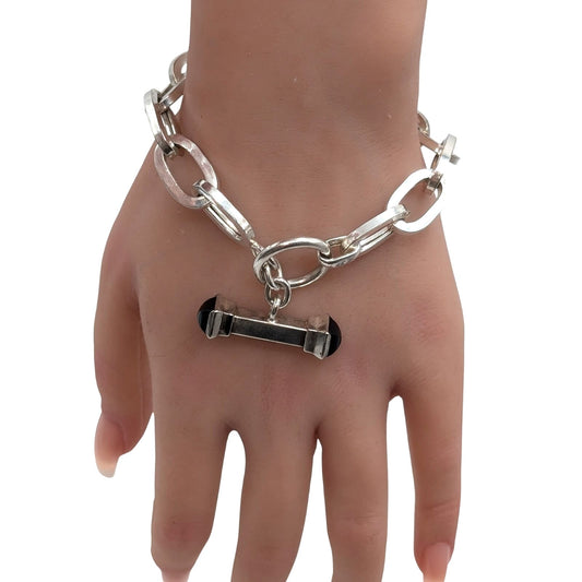 925 Italy Sterling Silver Onyx Toggle Oval Chain Link Bracelet 24.26g